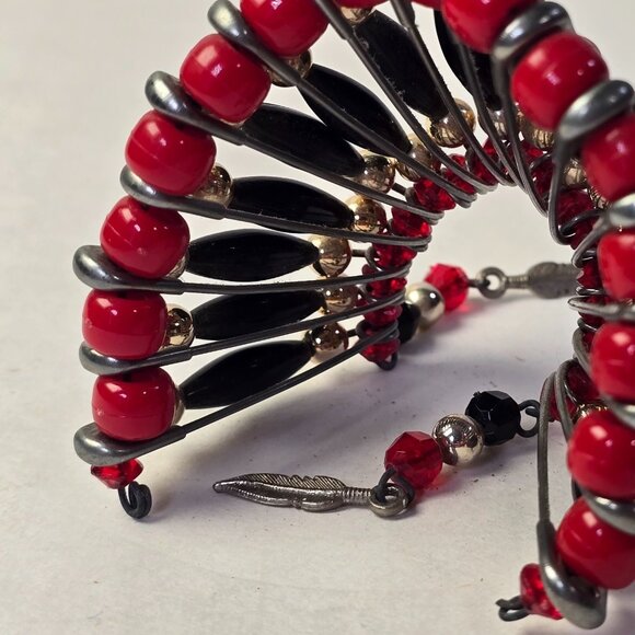 Vintage Beaded Safety Pin Art Fan Decor Red Black Gold Feathers Handmade 80s 90s - Picture 6 of 9